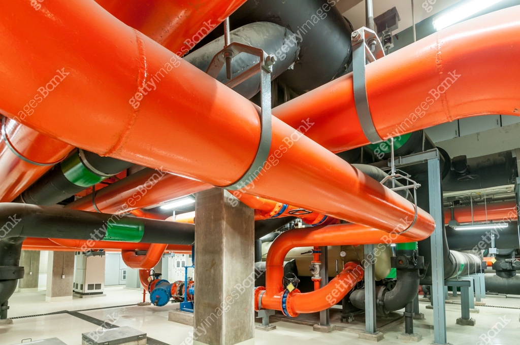 Double R Pipe In Generator Pumping station and Electrical power generator industrial interior ...