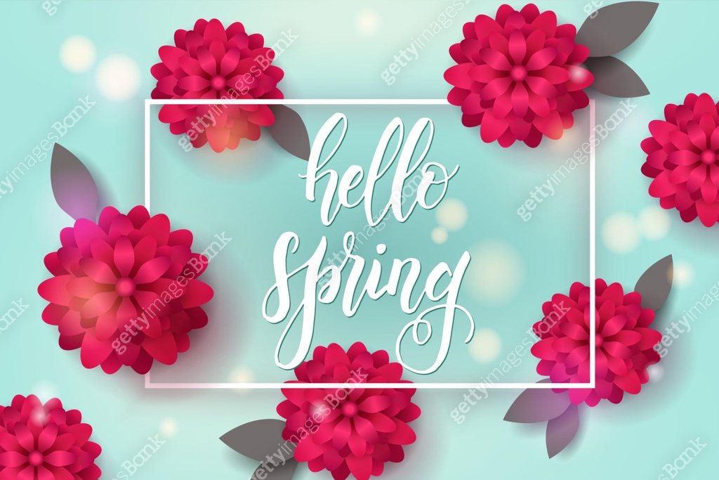 Spring background with frame and realistic flowers on blue with hand ...