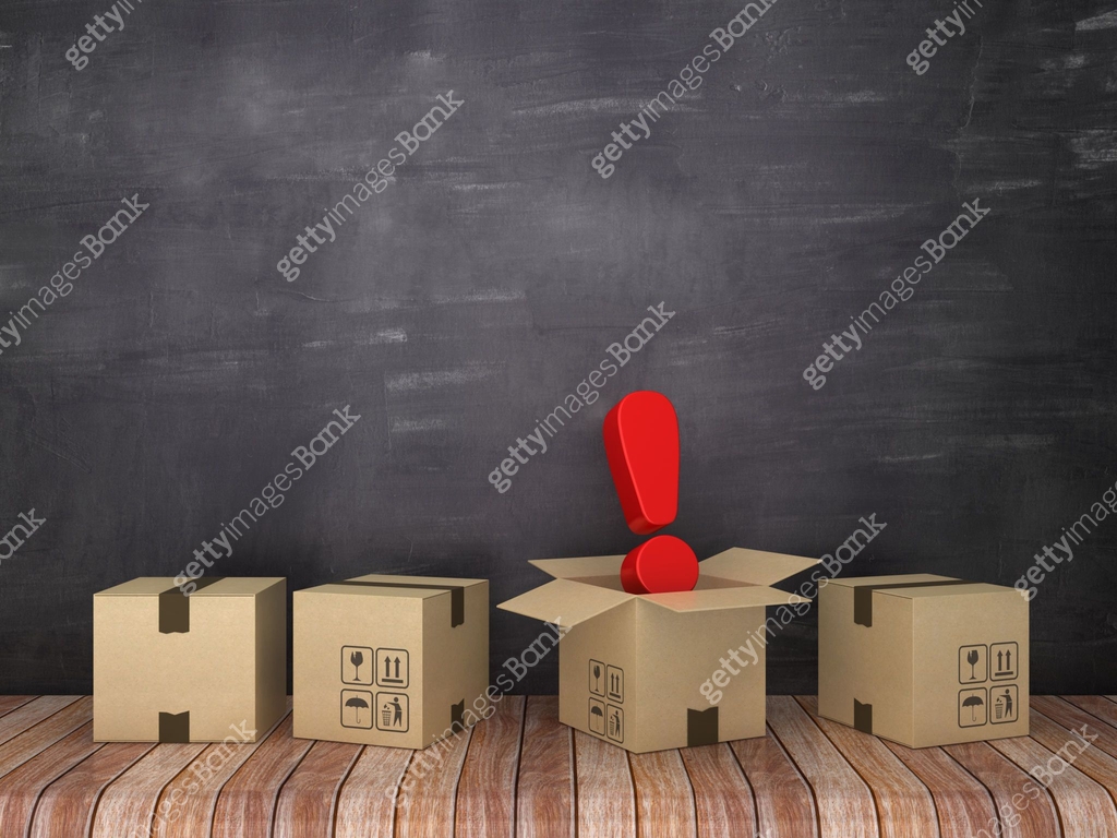 Redacted Box Symbol Cardboard Boxes with Exclamation Symbol in Room - Chalkboard Background ...
