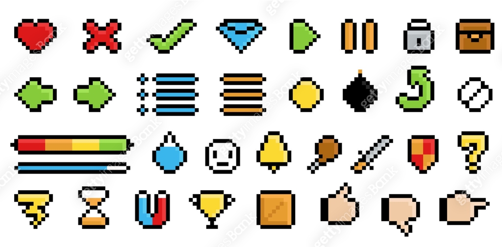 Color Icons Pixel Game pixel icons set isolated on white background. Cute signs and logos ...