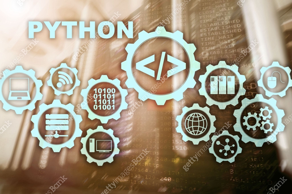 Python Programming Language on server room background. Programing ...