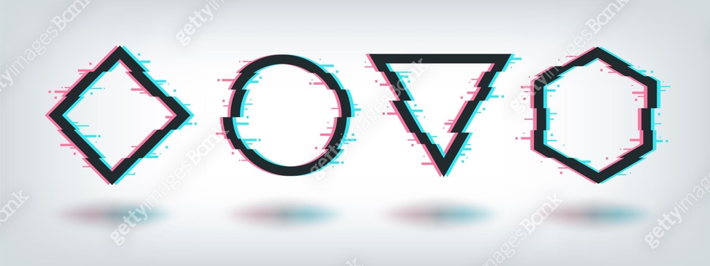 Glitch effect frames. Digital distorted minimal shape, circle triangle ...
