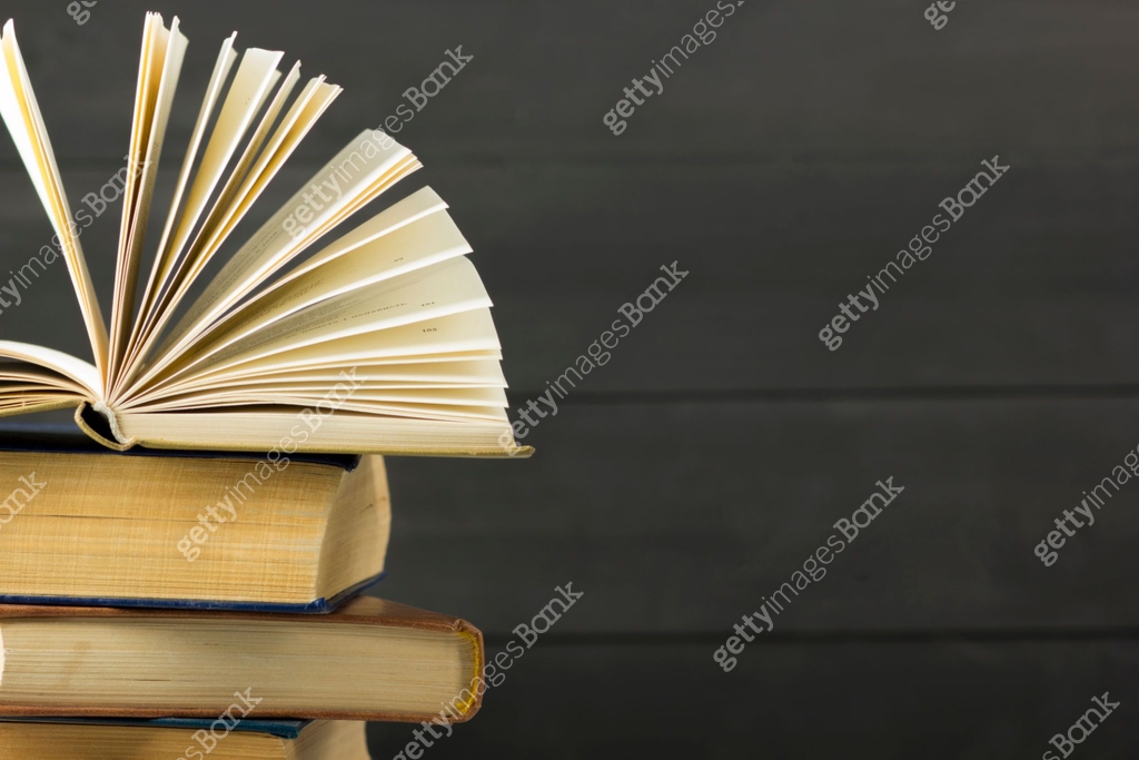 Hard Back Copy Open book, hardback books on wooden table. Back to school. Copy space ...