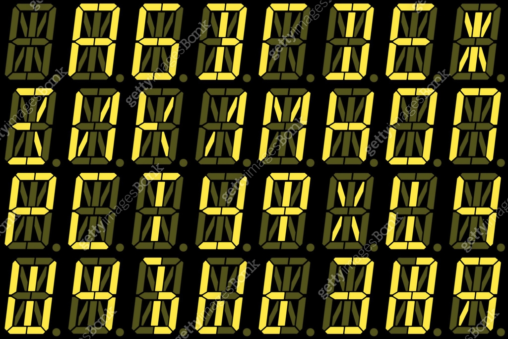 Digital Cyrillic font from capital letters on yellow alphanumeric LED ...