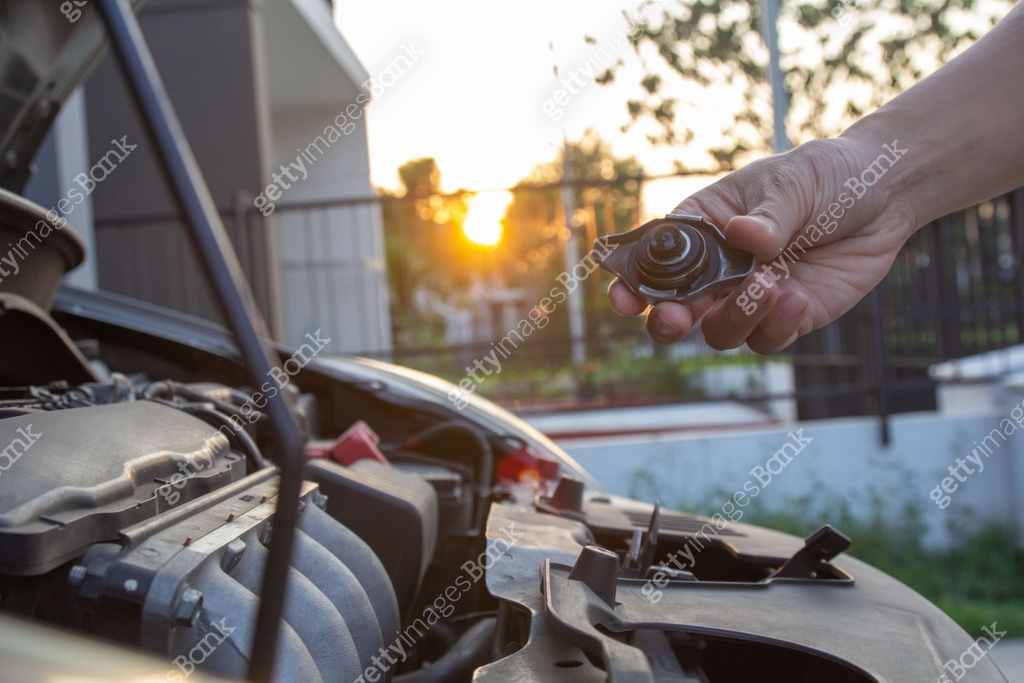 Mechanic man checking car engine radiator cooling tank water level ...