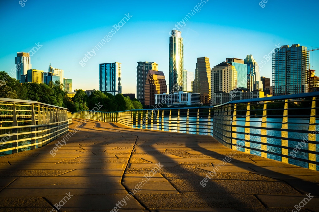 Austin Texas Skyline sun light shines in lines down Riverside ...