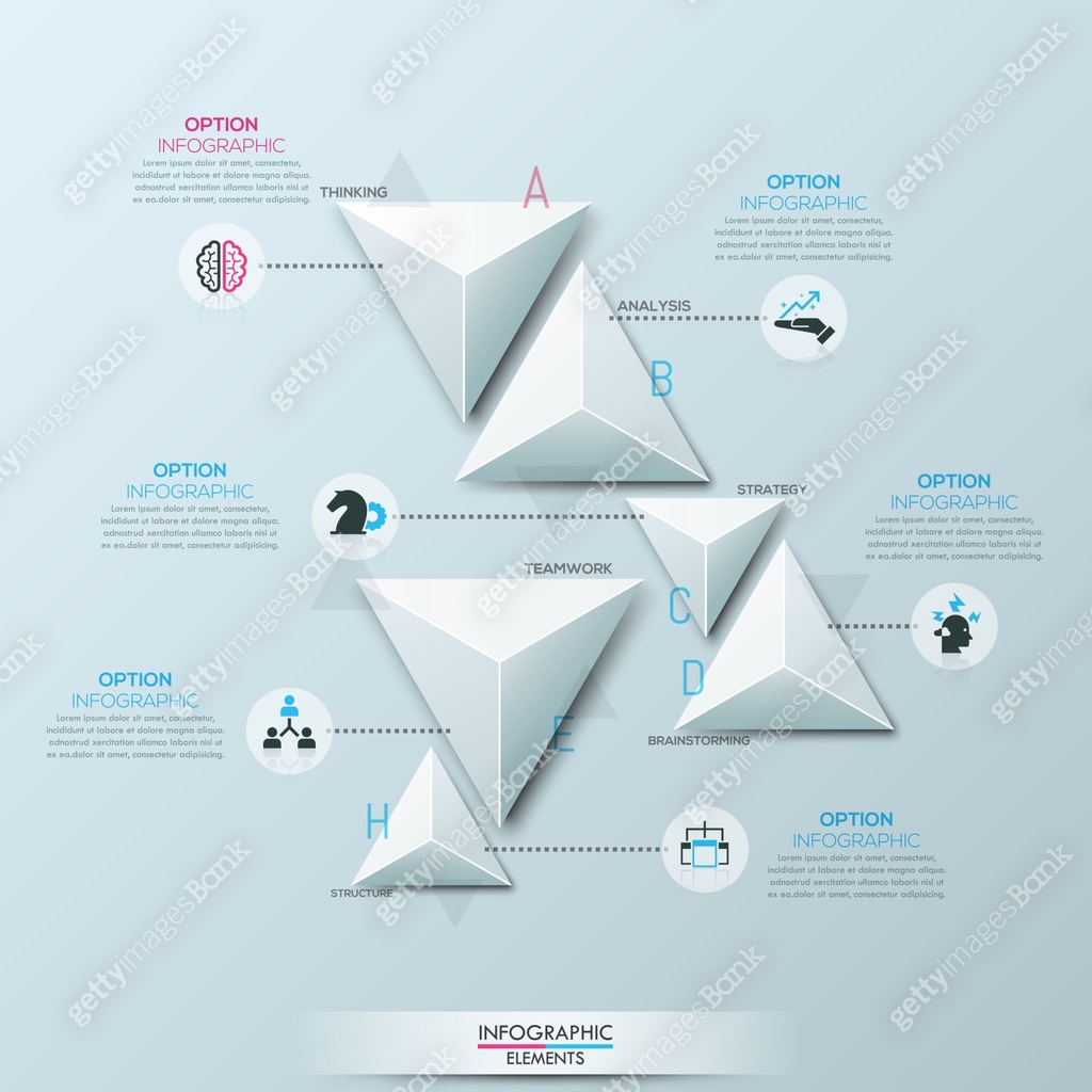 Triangular Paper Structure Example Infographic design layout with 6 separate white paper triangular ...