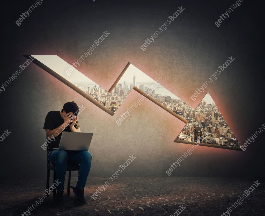 Computer Programmer Decreasing Rate Frightened and stressed guy programmer and a decreasing graph arrow ...