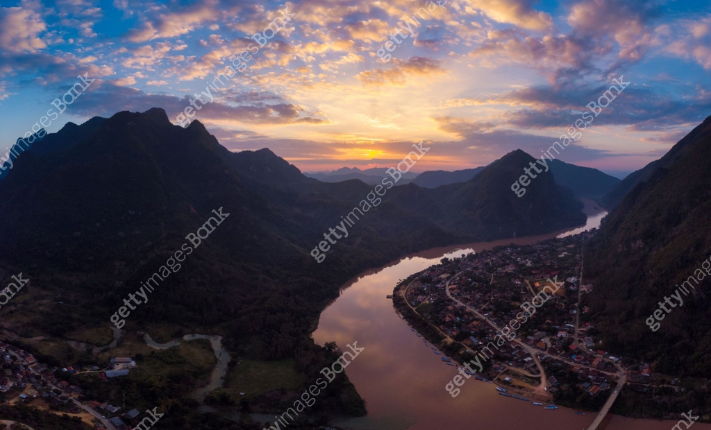 Aerial Panoramic Nam Ou River Nong Khiaw Muang Ngoi Laos Sunset aerial-panoramic-nam-ou-river-nong-khiaw-muang-ngoi-laos-sunset