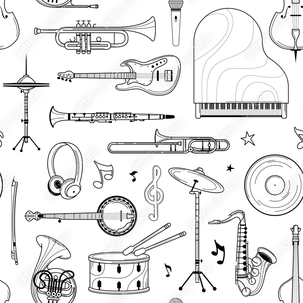 Musical instruments hand drawn outline seamless pattern 이미지 (1158514278 ...
