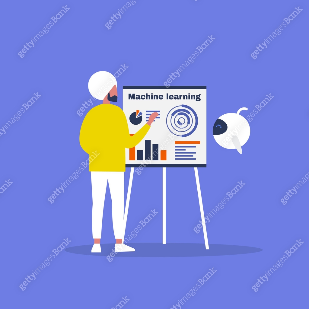 Machine learning concept. Cute cartoon robot hovering near by a flip ...