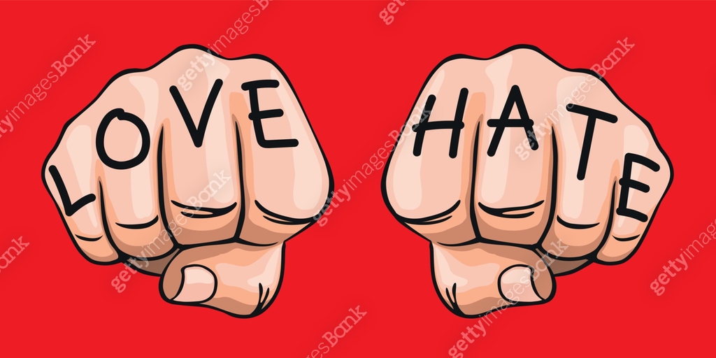 Concept of the expression of contrary feelings, with the words hatred ...