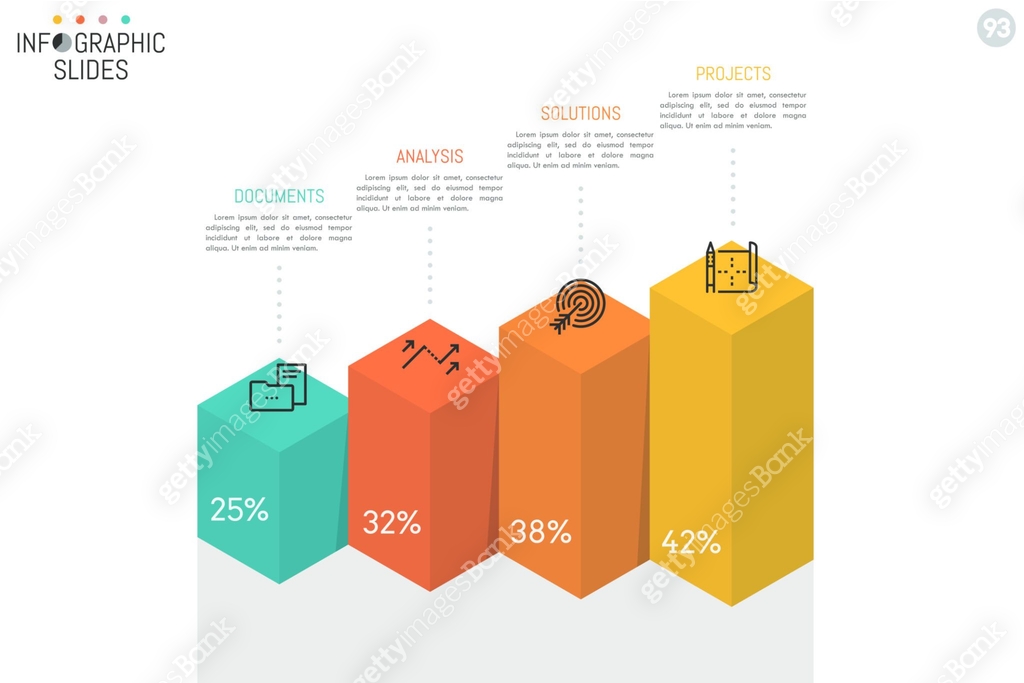 Volumetric bar chart, 4 multicolored columns of different height, thin ...
