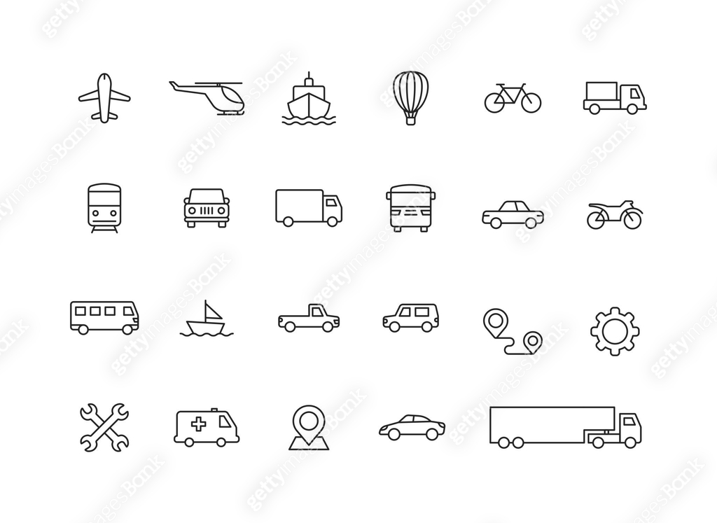 Set of 24 Transport web icons in line style. Train, Airplane, car, bus ...