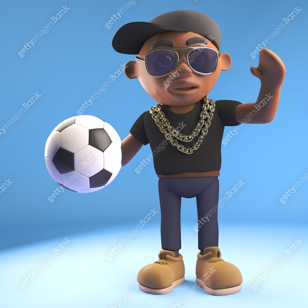 Sports fanatic black hiphop rapper holding a soccer ball, 3d ...