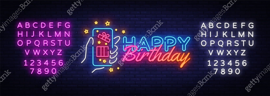 Happy Birthday neon sign vector. Happy Birthday concept with smartphone ...