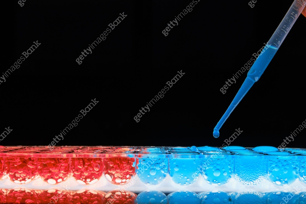 Blue and red rows with liquid filled up pipette 이미지 (1159769162) - 게티이미지뱅크