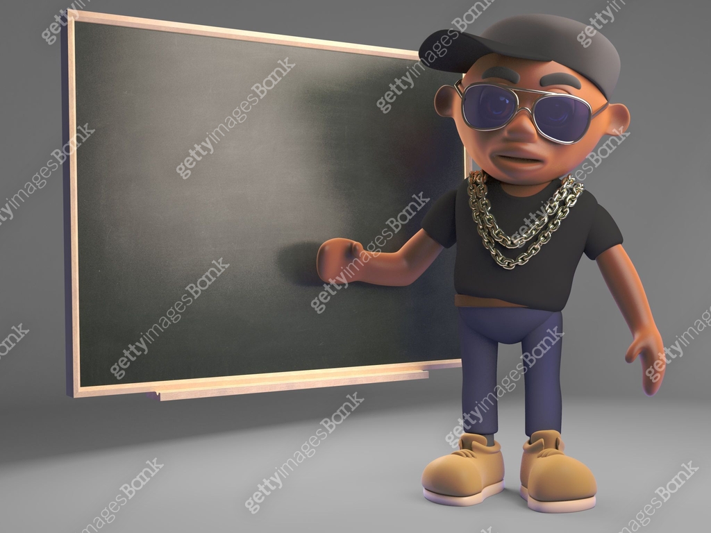 Cartoon black hiphop rapper teaching at the blackboard, 3d illustration ...