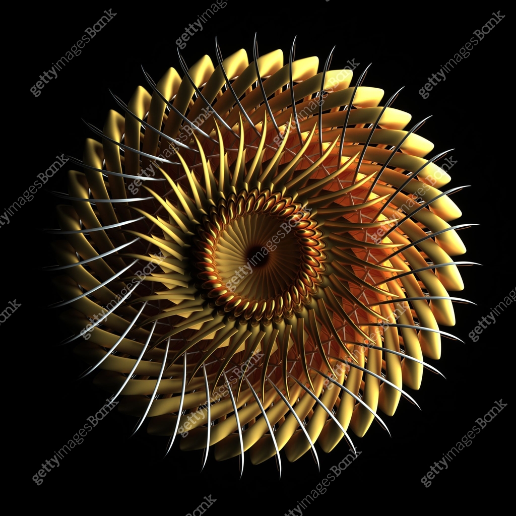 3d render of abstract abstract aircraft turbine engine in matte gold ...