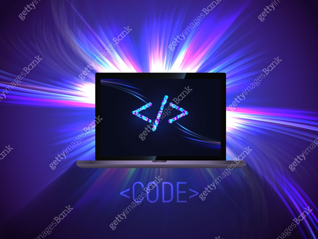 Portable computer on glowing abstract background. Html \ CSS \ PHP ...