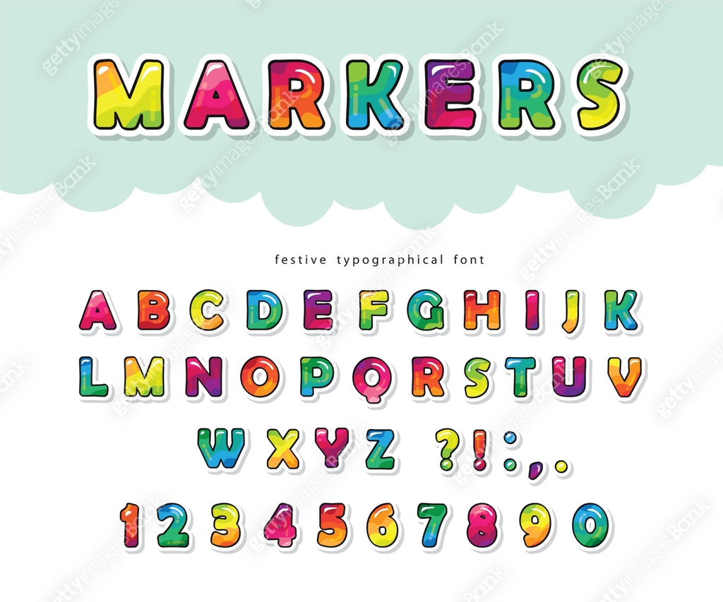 Colorful Numbers Abc Cartoon bright font for kids. Glossy ABC letters and numbers. Paper cut ...