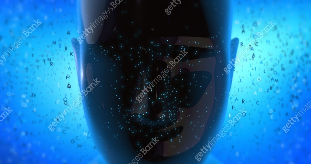 Abstract Bionic Robot Head With Symbols And Letters - 3D Illustration ...