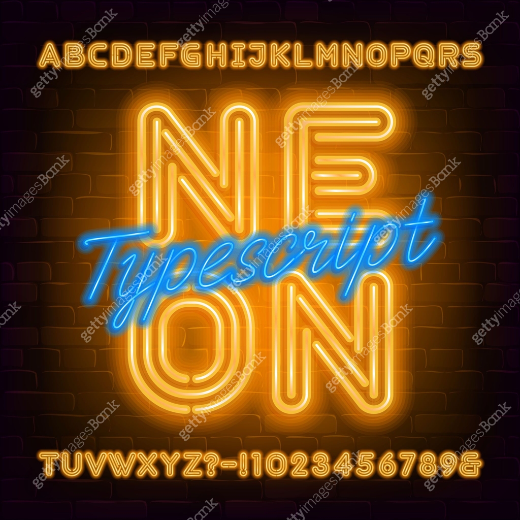 Neon alphabet font. Yellow neon bold letters and numbers on brick wall ...