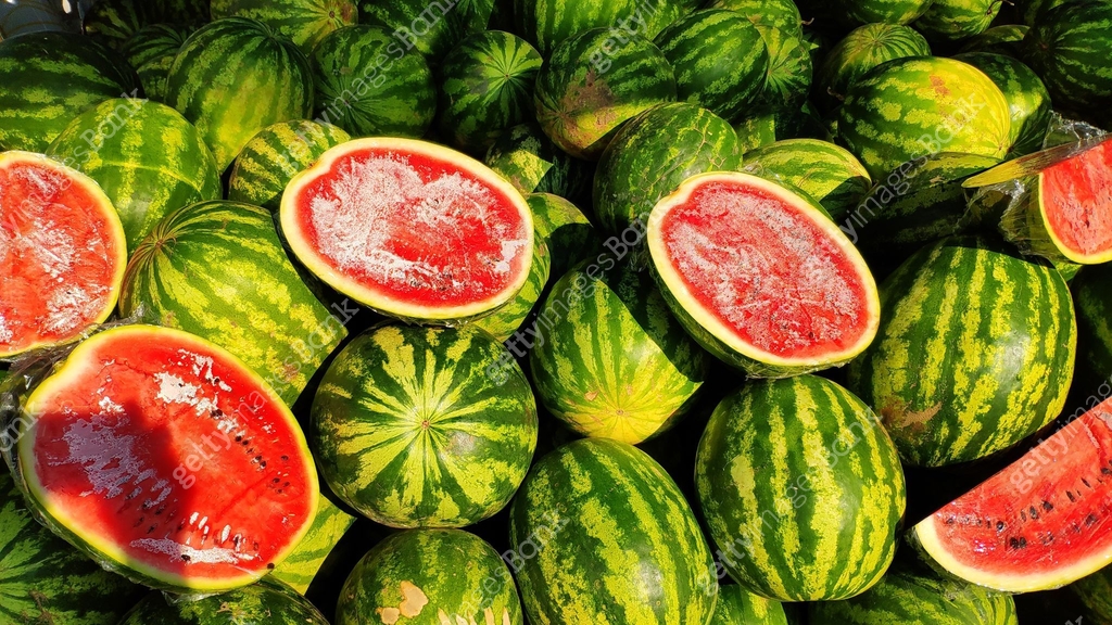A large pile of green striped watermelons, a market bench for a ...