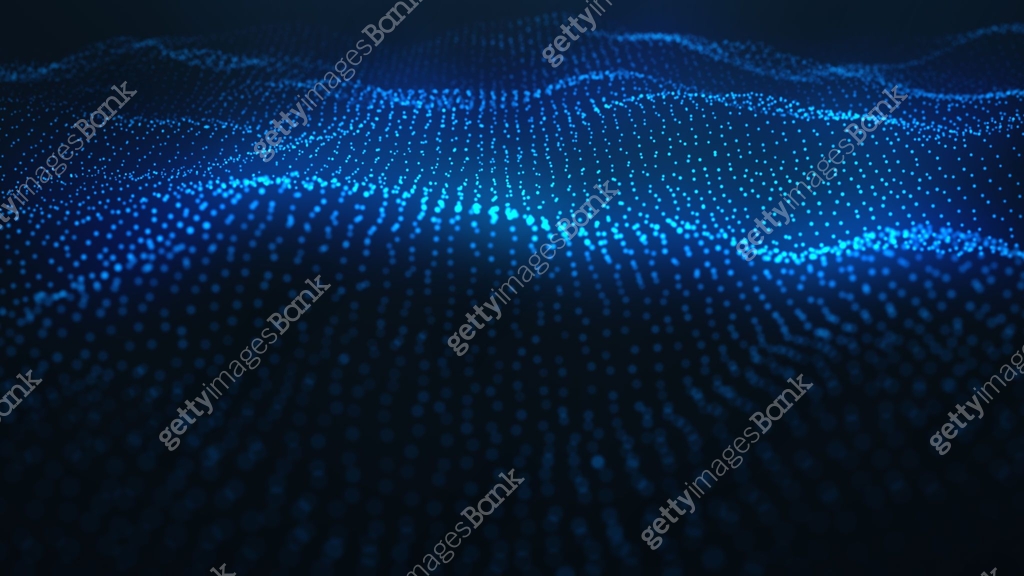 Abstract background of shining particles, digital wave, sparkling blue ...