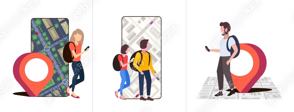 set people using navigation app with location marker gps position on ...