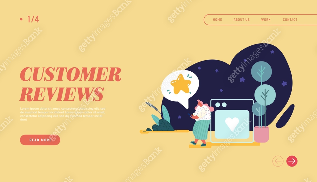 Woman leaving review for web design, banner, landing page. Customer ...