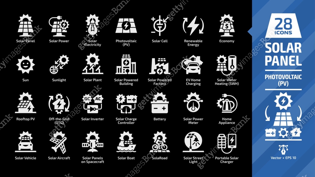 Solar panel icon set in dark mode with sun power photovoltaic (PV) home ...