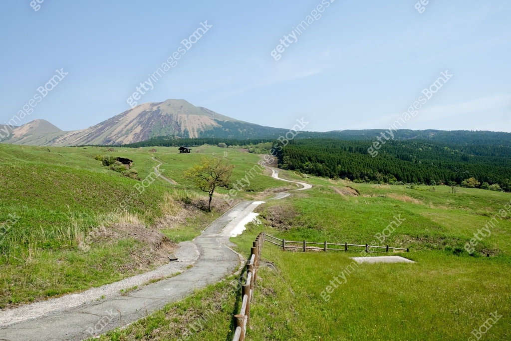 Landscape at Mount Aso (Aso-san), the largest active volcano in Japan ...