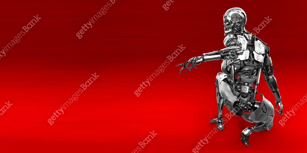 Cyborg Point All-metal Robot cyborg squats back to the viewer and points his hand to ...