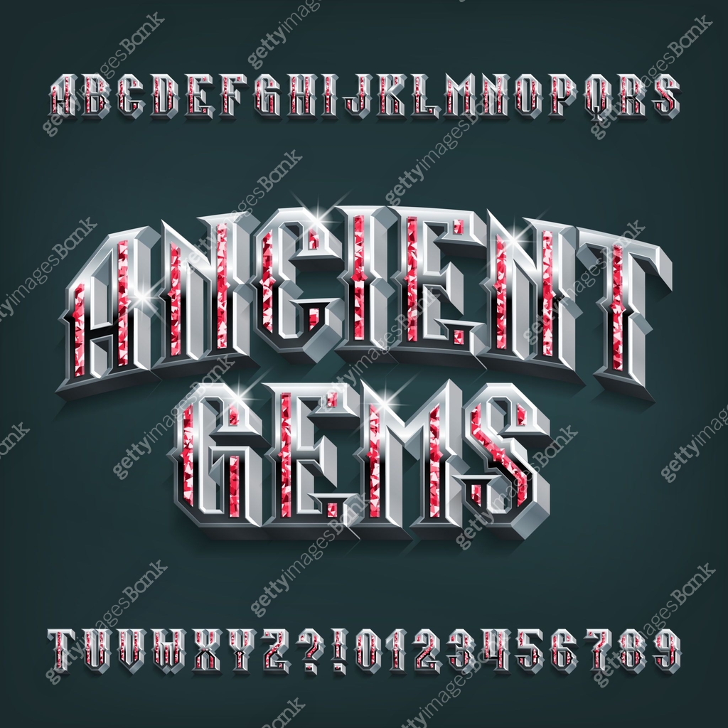 Gems Lettering Ancient Gems 3D alphabet font. Vintage silver letters and numbers with ...