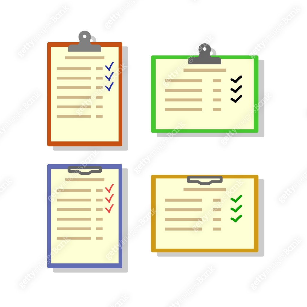 Set of checklists on a hard folder with a holder. Vector illustration ...