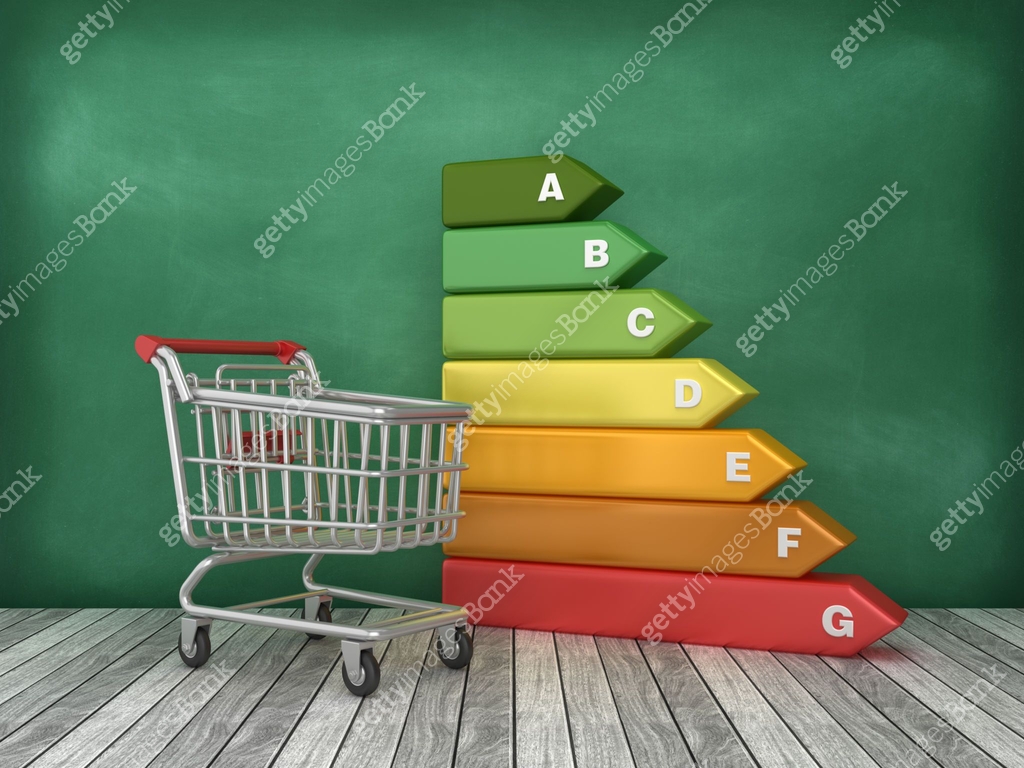 Shopping Cart with Energy Efficiency Diagram on Chalkboard Background ...