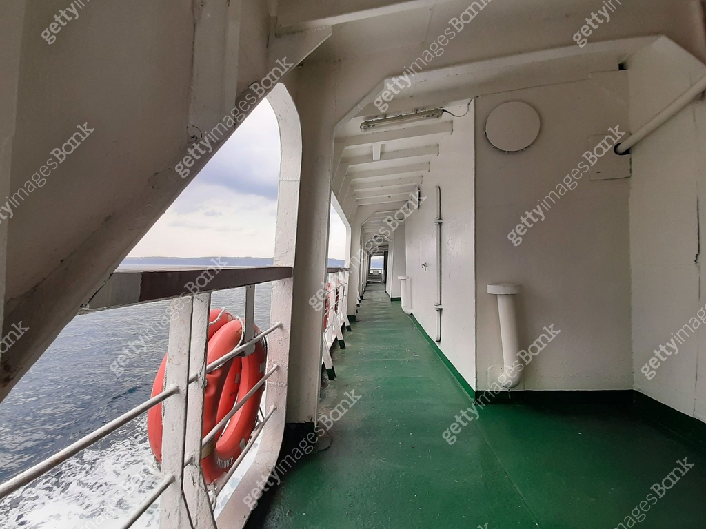 Inside the ship, corridors, starboard and pier, steamer, life preserver ...