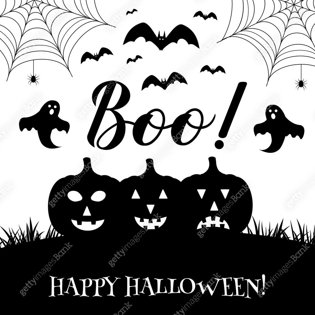Boo hand lettering with cute cartoon ghosts, pumpkins, bats and spiders ...