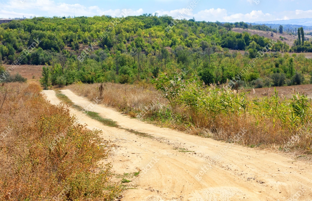 A dusty rural empty road winds through fields and a green garden on an ...