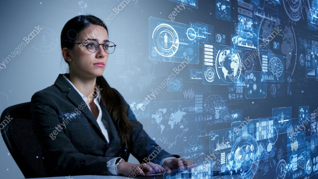 Beautiful Graphical User Interface Engineering woman engineer concept. GUI (Graphical User Interface). System ...