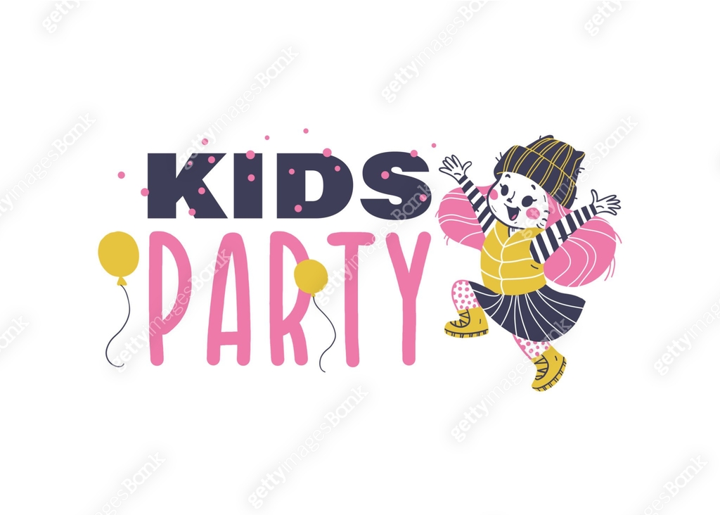 Kids party emblem design with kids party text, air balloons, happy girl ...