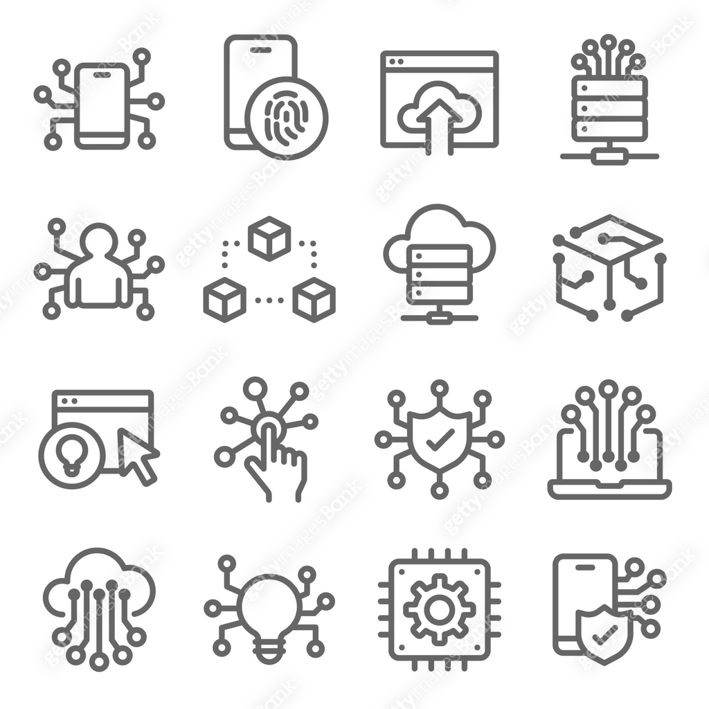 Technology icons set vector illustration. Contains such icon as Machine ...