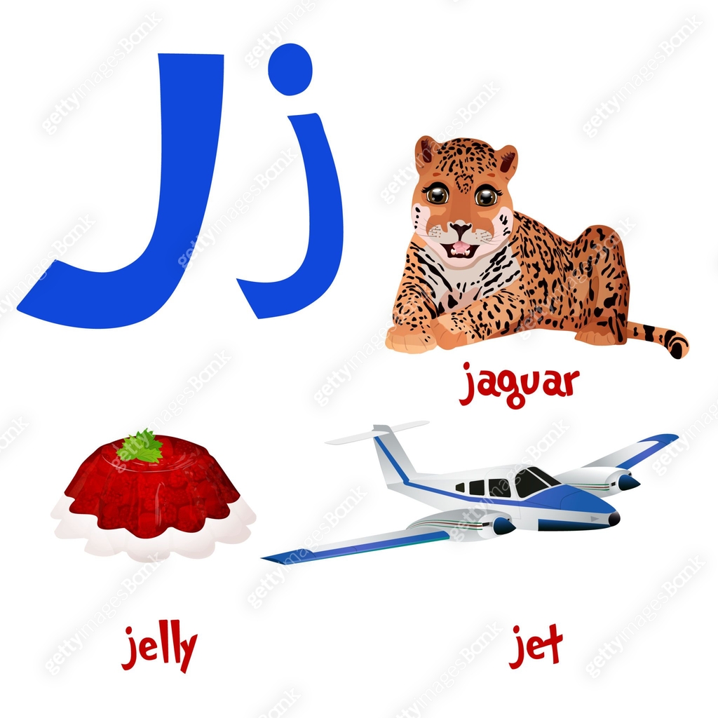 Vector cute kids cartoon alphabet. Letter J with Jaguar, jelly and jet ...