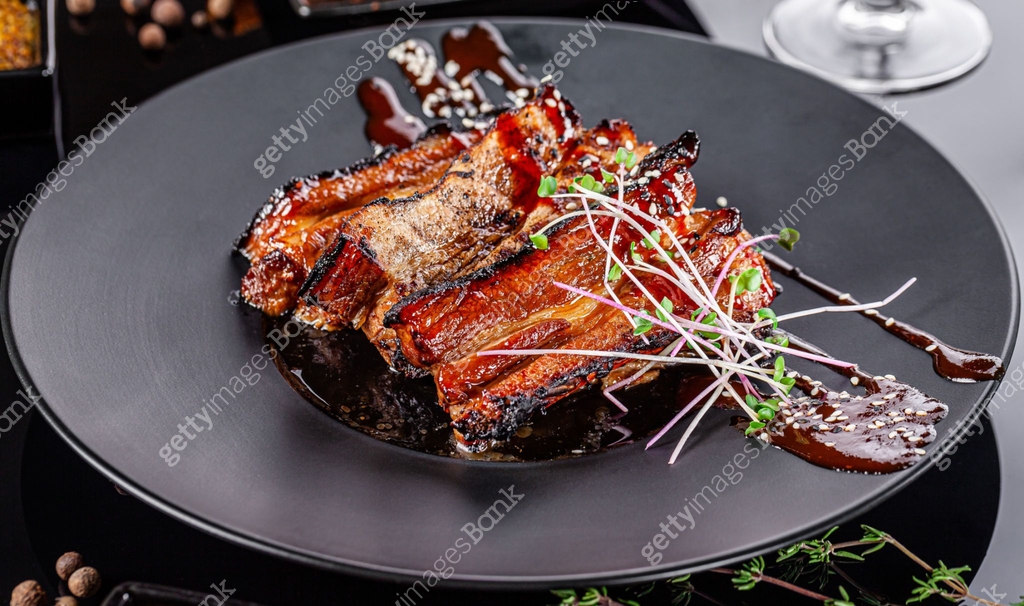 Concept of modern muslim cuisine. Lamb ribs for Ramadan or Kurban ...