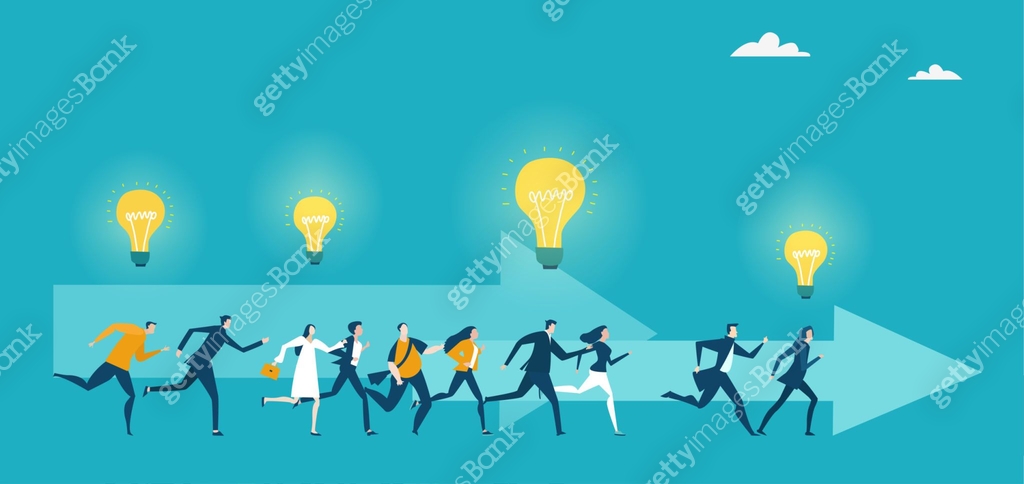 Lots of young creative professional people running towards success ...