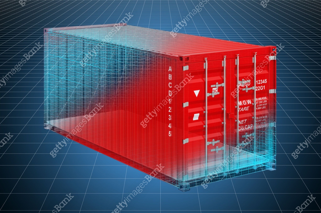 Visualization 3d cad model of cargo container, blueprint. 3D rendering ...