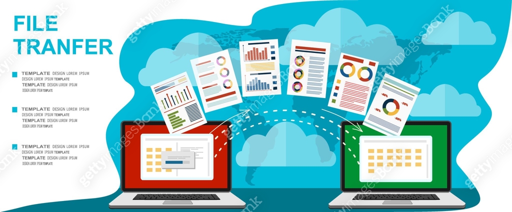 Computer File Transfer Cartoon File transfer. Two laptops with folders on screen and transferred ...