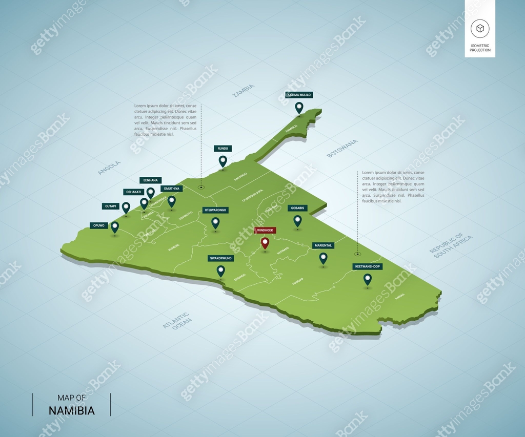 Layout Plan Namibia Stylized map of Namibia. Isometric 3D green map with cities, borders ...