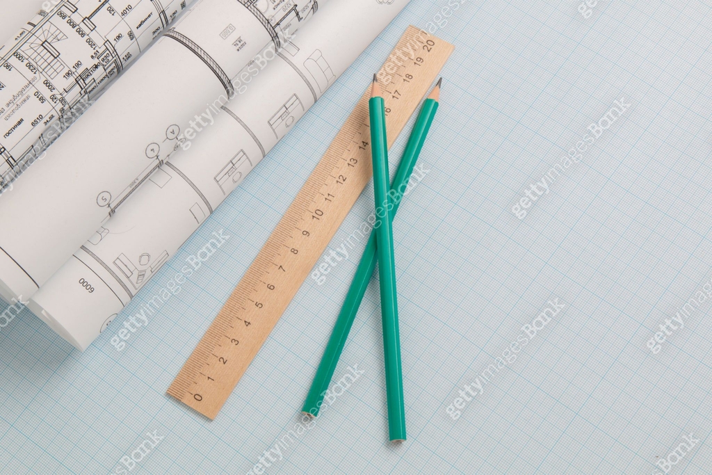 pencils, blueprint drawings end engineering ruler on graph paper 이미지 ...